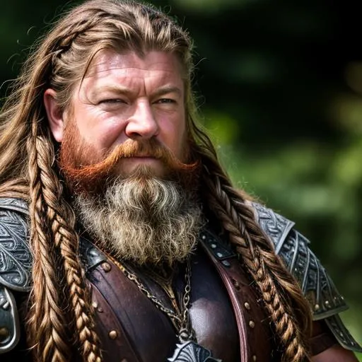Prompt: Fantasy dwarf warrior, detailed background, intricate details, chain mail armor , natural colors, long braided beard, red hair, Sean bean 