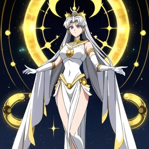 Prompt: ancient queen Eternal Sailor Moon in her final ultimate godlike shape, illuminated by a soft silvery light, intricate outfit with gold and silver trim, her perfect figure radiating holy energy, solar system in the background, she stands with a determined air, her gaze unwavering, godly, beautiful detailed eyes glowing with infinite power, absolutely astonishing, razor-sharp focus, cosmic, mesmerizing, (masterpiece), volumetric lighting, light beams, UHD, 16k, HDR, ((((best quality)))), ((((extreme details))))