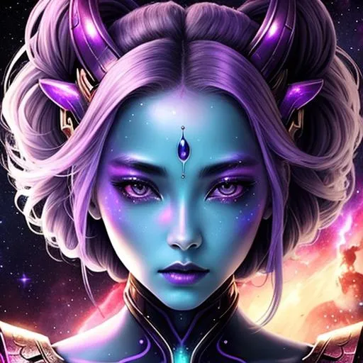 Prompt: Female alien-Cosmic Epic Beautiful Nebula (Beautiful melancholy {goddess}female liquid satin}, Beautiful