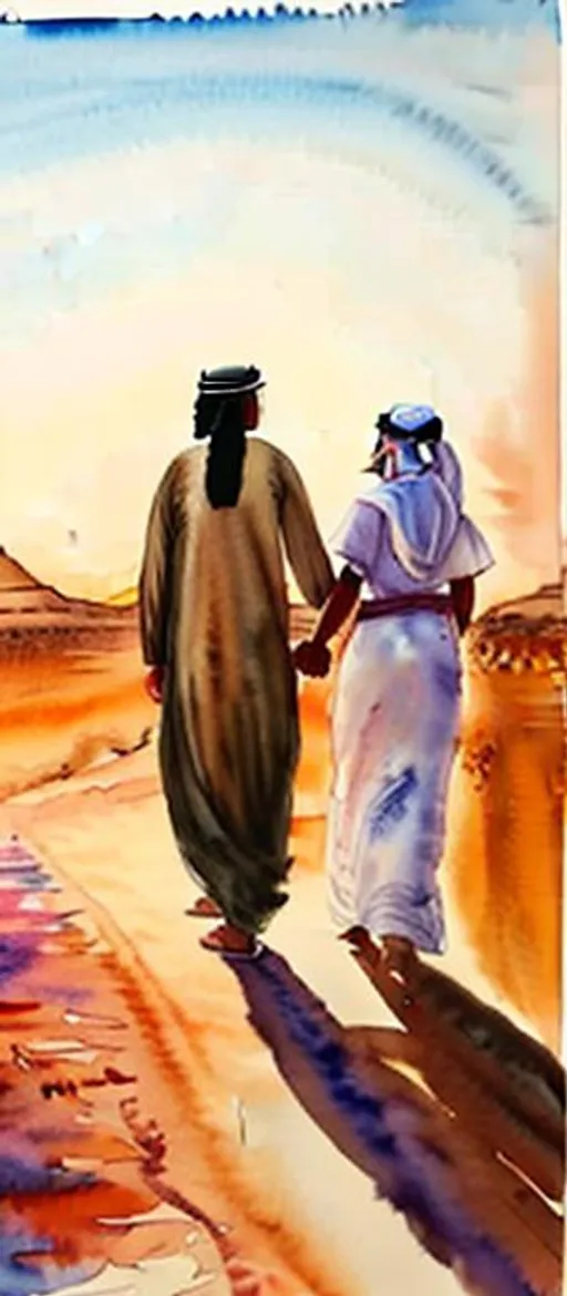 Prompt: a water colour painting of an Arabic man and woman walking away in a desert sunset