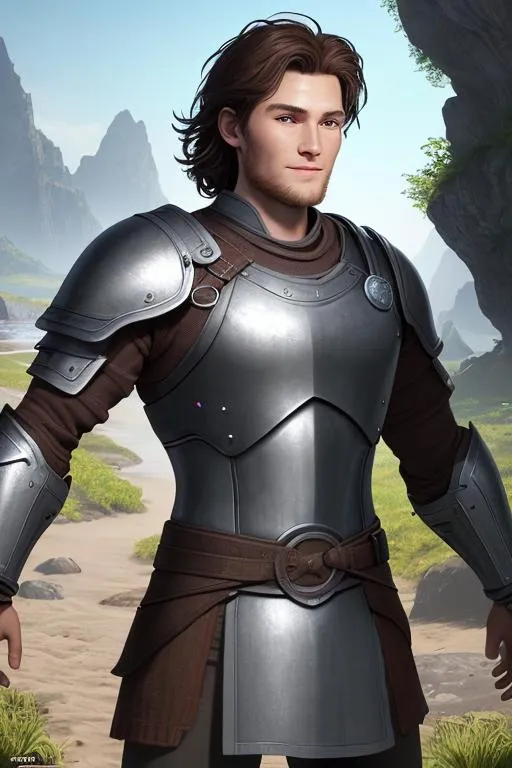 Prompt: Digital art, ((bright colors)) (((DreamShaper Version 1))), a 21-year-old viking man, subtle smile, round head, round face, short dark brown hair, brown hair, muscular, vibrant village, lots of sunlight, green gear, silver armor, light green eyes, Tidal Class seal on chest armor, unreal engine 8k octane