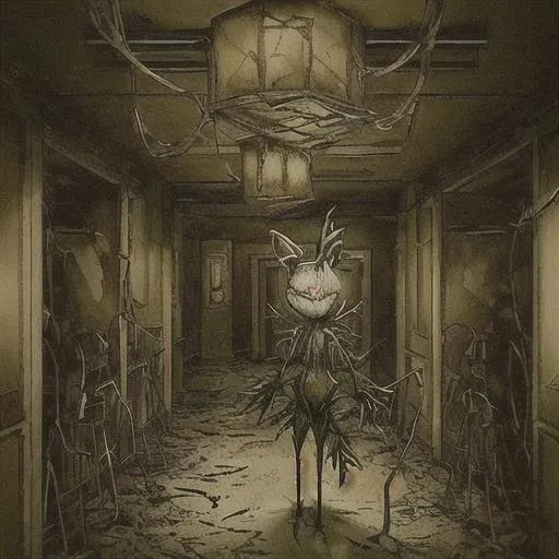 Prompt: Mangle the Fox, the enigmatic and haunting animatronic from the Five Nights at Freddy's (FNAF) franchise, standing in a derelict and ominous hallway of the pizzeria. Mangle's appearance is a mix of tangled wires, sharp metallic teeth, and glowing eyes, giving it a ghastly and eerie presence. The camera point of view is slightly below Mangle, capturing its unsettling gaze as it looks down at the camera. The hallway is dimly lit, with flickering lights adding to the ominous atmosphere. Broken toys and remnants of other animatronics can be seen scattered around, hinting at the dark history of the pizzeria. The atmosphere is one of fear, mystery, and a sense of impending danger. The style for this image is a detailed illustration, enhancing the haunting features of Mangle and the dilapidated environment. The image will be in a dark and muted color palette, amplifying the eerie and chilling essence of the scene, --ar 16:9 --v 5.