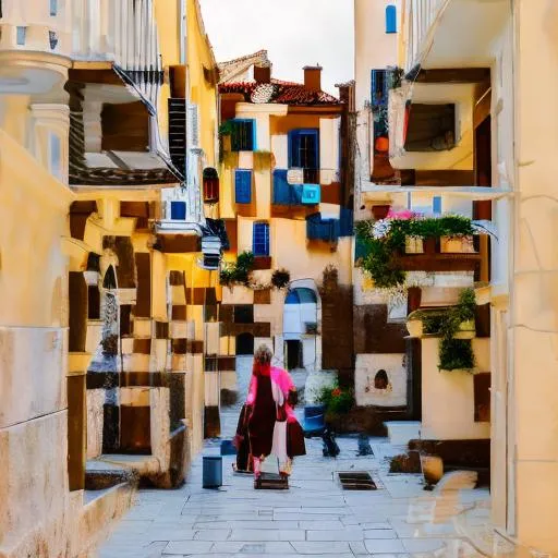 Prompt: Corfu medieval city a traveler strolling through the cobblestoned streets exploring 