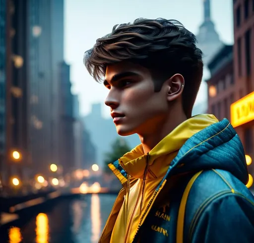 Prompt: Steanpunk men,perfect  nose, brown hair, hairstyle to the side, oval face, weight 60kg, height 1.78, 20 years old close-up back view half body, perfect body,  wearing yellow rain jacket and denim shorts in a steanpunk city, hyper realistic details, cinematic lighting, 3d, 8k