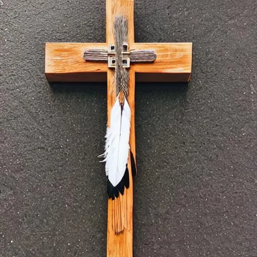 Prompt: A wooden cross with eagle feathers nailed to it