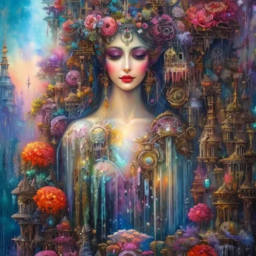 Prompt: watercolor, wet on wet painting of a beautiful floating ethereal woman goddess with a beautiful face, floating in an ethereal sea of dreams among the ruins of an abandoned, post apocalyptic futuristic city, surrounded by flowers and vegetation, in the style of steampunk, Josephine Wall and Daniel Merriam, HD, 8k, High resolution, centered