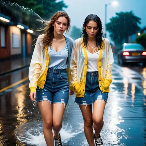 Prompt: photo of young woman, soaking wet clothes, converse , shiny denim blue jeans glistening wet , long sleeve lace cocktale dress cleavage soaked cardigan,  , two students standing in rain storm soaking wet on street,   enjoying, water dripping from clothes, clothes stuck to body,  detailed textures of the wet fabric, wet face, wet plastered hair,  wet, drenched, professional, high-quality details, full body view , at night