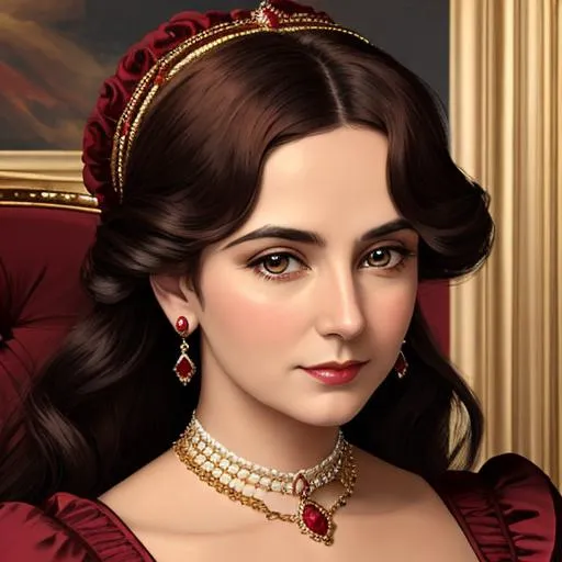 Prompt: Wealthy, stylish lady of the Victorian era, wearing ruby and gold jewelry, wearing ,facial closeup