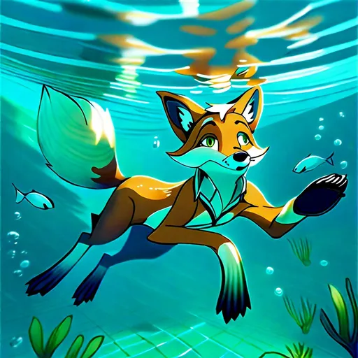 Prompt: Anthro fox swimming underwater