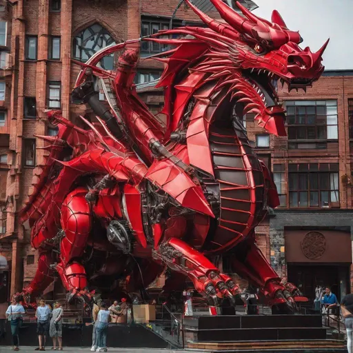 Prompt: A giant mechanical red dragon