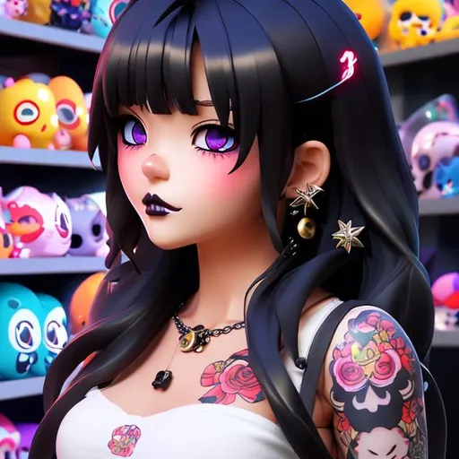 Prompt: anime girl with calavera tattoos and piercings in a store, disney concept art :: nixri, trending on zbrush central, Dia De Los Muertos face, nick silva and ilya kuvshinov, powerpuff girls style, 🦑 design, kawaii aesthetic, 9 0 s anime aesthetic, yakuza slim mexican girl, pierced, 1990's anime