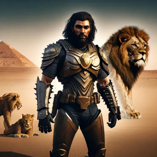 Prompt: hyper photorealiatic, Modern British-Egyptian hybrid human male, big body build, super hero type, futuristic tactical gear with lion theme accessories, Long length full beared and short black spiky hair, midday light and heat , super hero pose, editorial photo, desert Sahara background with lions roaming