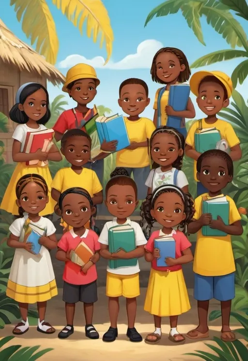 Prompt: A diverse group of garifuna children ( girls and boys) cartoon style standing together, some holding hands and books, others holding gardening tools, and another holding a megaphone. in a tropical background
