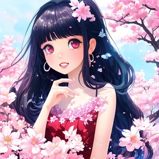 Prompt: Young beautiful Anime girl, long luxurious black hair, Chinese dress, Sakura petal background, crystal clear blue sky,  high detail face, warm tint
