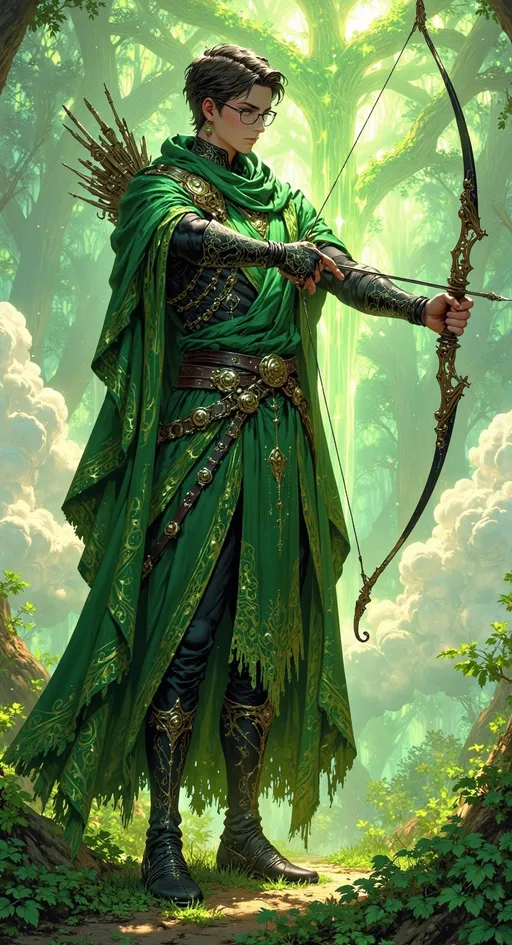 Prompt: ((tall man)) as a ((magical archer)) with ((short brown hair)), wears rectangle glasses, green eyes, dressed in ornate green layered textured archer armor, he wears a giant magic bow, left hand holding ((magic arrows)). He is shooting his bow and arrow.

green sunny skies, high contrast lighting, ((wide length camera)), long distance , long shot, left side angle, wide depth of field. film grain, film textures. 

Overall feeling of intuition, sharpshooter. The background is a high detailed grass field lots of other animals, exploding with green magic aura.