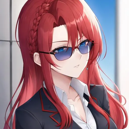 Prompt: Haley 1female (braided red hair pulled back, lively blue eyes. Wearing a sleek and stylish ensemble, with a tailored blazer, crisp button-up shirt, and fashionable trousers. UHD, close up, black stylish sunglasses on her head