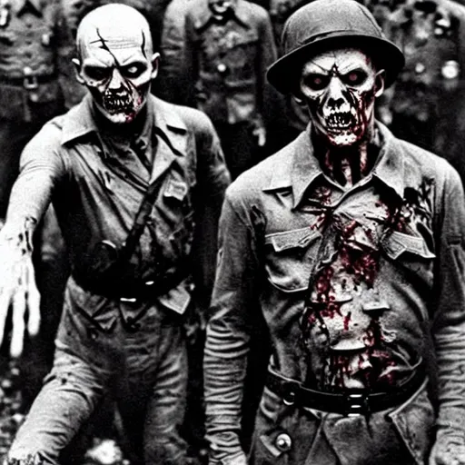 Prompt: zombie, nazi, realistic, nazi zombie, real-life, hyper-realistic, zombie hitler, undead, hitler, draugr, scabs, bruises, blood, violent, eugenics, murder, evil, angry, far-right