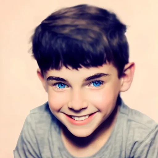 Prompt: make a stunning photorealistic boy face from this referance image, portrait, front facing, smiling ,
