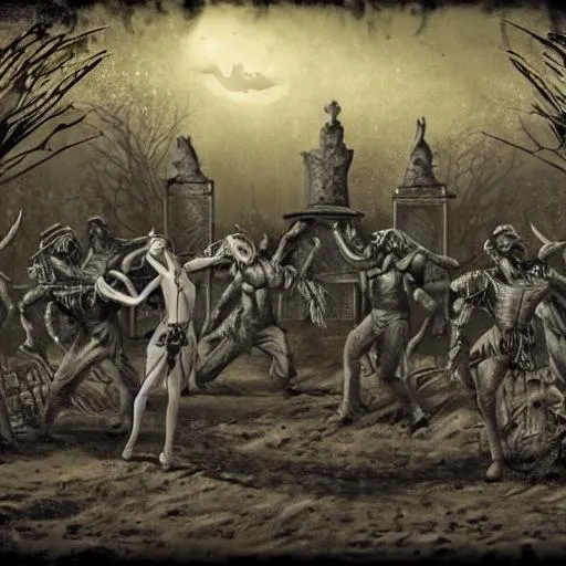 Prompt: Danse macabre in a wasteland graveyard in the twilight 