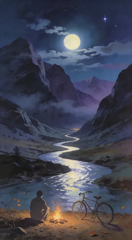 Prompt: A wide cinematic anime oil-painting style scene of a dreamy mountain valley at night. In the foreground, a lone man sits calmly on the ground beside a softly glowing bonfire, viewed from behind. A bicycle rests nearby, quietly placed on the ground. The wind is very gentle—only a few dry autumn leaves lightly resting on the earth, with minimal movement, creating a peaceful stillness.
The valley stretches far into the distance, leading the eye toward the end of the scene where massive, high-top mountains rise dramatically, their peaks fading into mist and moonlight. A winding river flows through the valley, reflecting the moon’s glow like liquid silver.
A bright full moon shines through thin drifting clouds, centered in the sky. Stars are clearly visible, sharp and luminous. Moonlight softly illuminates the river, valley floor, and distant mountains. The color palette is calm and painterly—deep blues, muted purples, soft greys, and warm amber from the fire.
The overall feeling is serene, nostalgic, and timeless. The image looks hand-painted with visible oil-paint brush strokes, soft blending, textured canvas feel, and layered lighting.