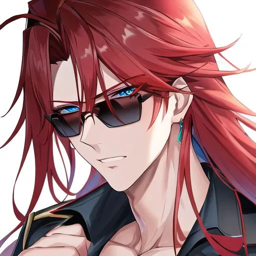 Prompt: Zerif 1male (Red side-swept hair falling between the eyes, sharp and sassy blue eyes), highly detailed face, 8K, Insane detail, best quality, UHD, handsome, flirty, muscular, Highly detailed, insane detail, high quality. wearing tight black pants, black sunglasses resting on his head, close up, side profile, shirtless, gold jewelry, celebrity  