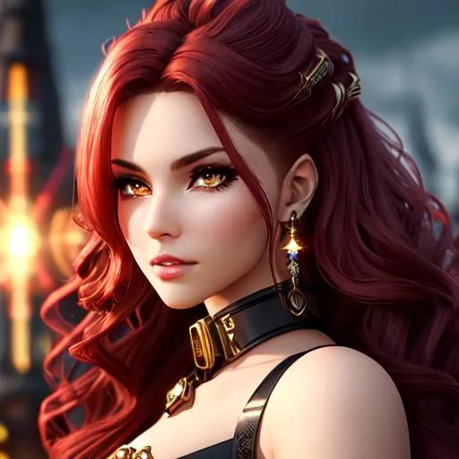 Prompt: Beautiful girl with a dark serious gaze, ((wearing mecha armoured top), ((red wavy hair)), ((golden eyes)), ((diamond earrings)), ((jewelry)), glowing, trails of light, slight sparkles, Post Apocalyptic, steampunk theme, unreal engine 8k octane, 3d lightning, stellar, quartz, gem rain, soft white skin, luminous chest, fantasy, snow