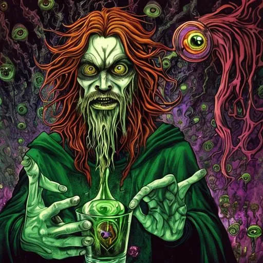 Prompt: A creepy and psychadelic artstyle. A red haired wizard is drinking his potion. The potion is like a drug and makes him high. his eyes look crazy and colorful from the magic of the potion. He is an evil person who has done horrible things. His skin is cracked and pale.
