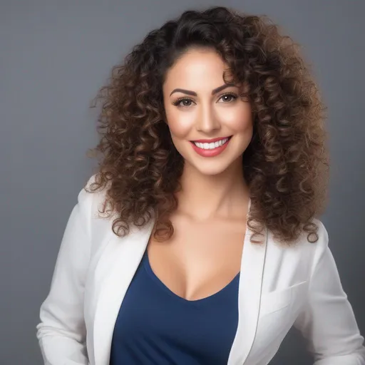 Prompt: An attractive 35 year old woman with very curly hair, elegant, large eyes, modern, stylish makeup, full body view, white tshirt with jacket and blue jeans, happy, smiling, (erotic), office background