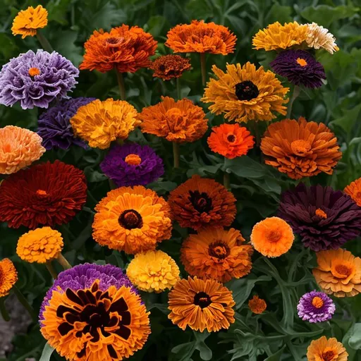 Prompt: dark purple, brown, red, yellow, and orange calendula flowers