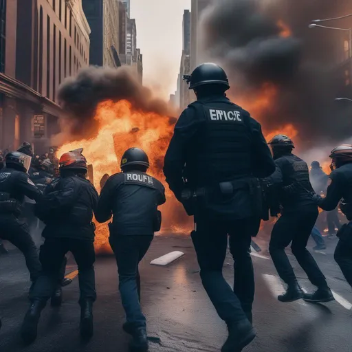 Prompt: Riots in streets of New York, Hyperrealistic, sharp focus, Professional, UHD, HDR, 8K, Render, electronic, dramatic, vivid, pressure, stress, nervous vibe, loud, tension, traumatic, dark, cataclysmic, violent, fighting, Epic