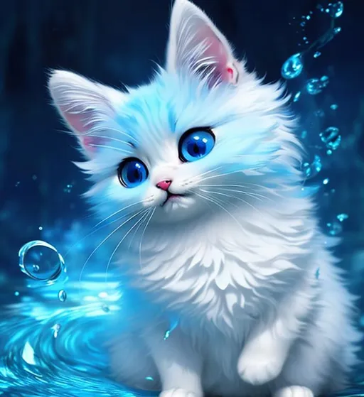 Prompt: Cute, blue, fluffy, liquid cat, possessing the element of water and making circles of water move around in the air in a magical way. Perfect features, extremely detailed, realistic. Krenz Cushart + loish +gaston bussiere +craig mullins, j. c. leyendecker +Artgerm.