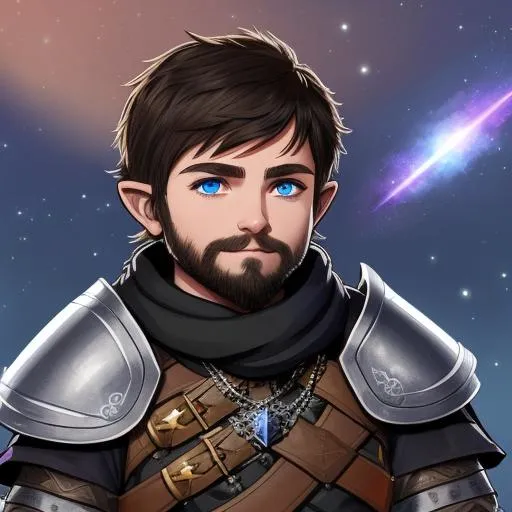 Prompt: A  D&D male halfling dressed in half plate armor with a tattered black scarf wrapped around their neck, with a stubble beard, with small necklace, nebula in the background
