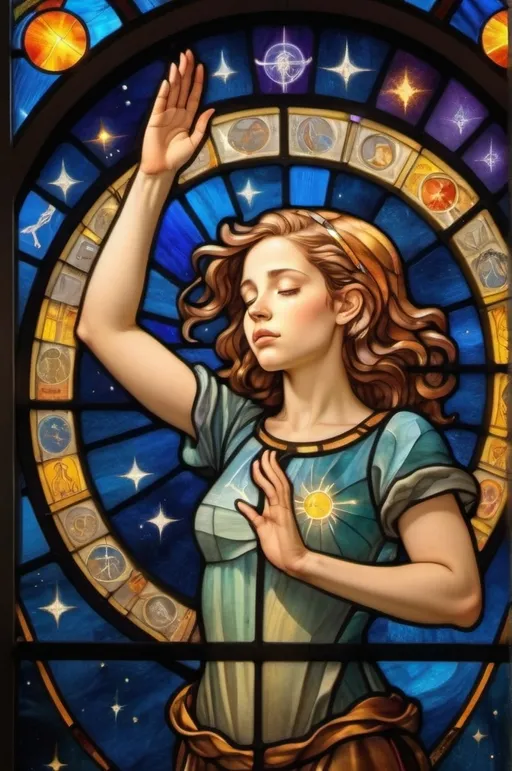 Prompt: young woman with head tilted back and arms in worship of the twelve zodiac signs in the background sourrounded by the universe