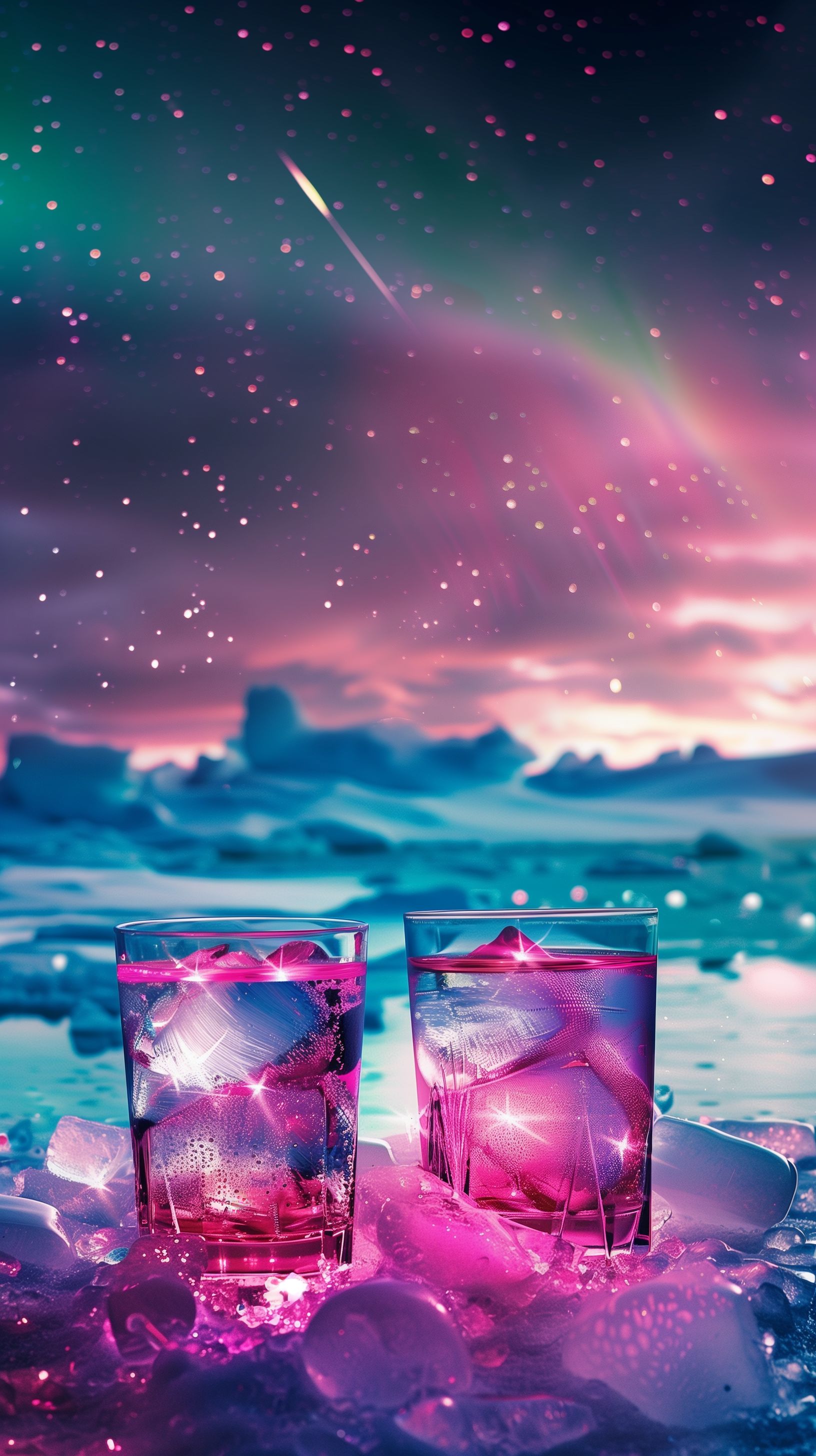 Prompt: a blend of beach and ice, bright icy glasses of drinks, ice furniture, white sandy beaches, bright aqua oceans reflecting shooting stars and glowing red northern lights, peaceful --ar 9:16 --v 6.0 