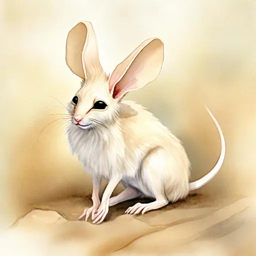 Prompt: Alabaster Jerboa, pale tan fur, long tail ending in fluff, big jerboa ears, hopping around, masterpiece, best quality, (in watercolor painting style)