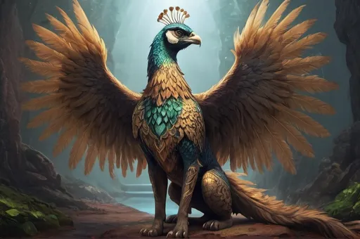 Prompt: Full body, persian mystical dog-bird-creature, head of a dog, chest of a dog, peacock tail feathers, bird of prey claws, huge wings, colorfull, 
majestic appearance, mystical atmosphere, dog head, RPG-fantasy, intense, detailed, game-rpg style, bright lighting, fantasy, detailed character design, 
atmospheric, otherwordly ambiance, desert mountains