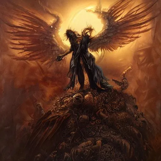Prompt: a frightening fallen angel, dark fantasy, style of Justin Gerard, realistic painting