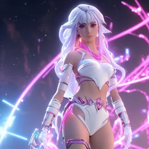 Prompt: 4k high resolution, cgi sci-fi anime style, Voltrons princess alura in white and pink metal bikini