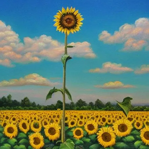 Prompt: The painting depicts a scenic field of sunflowers with a blue sky in the background. The painting is executed in thick brushstrokes and saturated shades of yellow. In the center of the painting, there is a large sunflower facing the viewer with its petals. The surrounding sunflowers are in different stages of blooming, ranging from bright yellow to withering brown flowers.

In the background of the painting, one can see the sky painted in various shades of blue and white. It seems as though the sky is merging with the earth, creating a sense of unity.