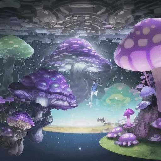 Prompt: create a tortoise floating in space, a purple and blue mushroom city is in the background, friends find hidden fort  