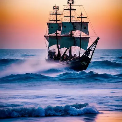 Prompt: A pirate ship at sea with the waves coming up over the sides and a mist rolling in