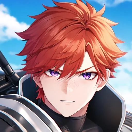 Prompt: Erikku male (short ginger hair, freckles, right eye blue left eye purple) UHD, 8K, Highly detailed, insane detail, best quality, high quality, Upset, muscular, riding a motorcycle