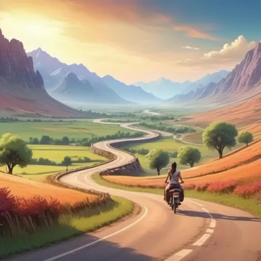 Prompt: A (beautiful journey), winding road through a picturesque landscape, vibrant colors reflecting serene nature, sunlit sky gently illuminating each element, captures a peaceful atmosphere, high-definition details portraying lush greenery, majestic mountains in the backdrop, inviting destination in the distance, a feeling of hope and adventure, (4K), cinematic composition of exploration and tranquility.