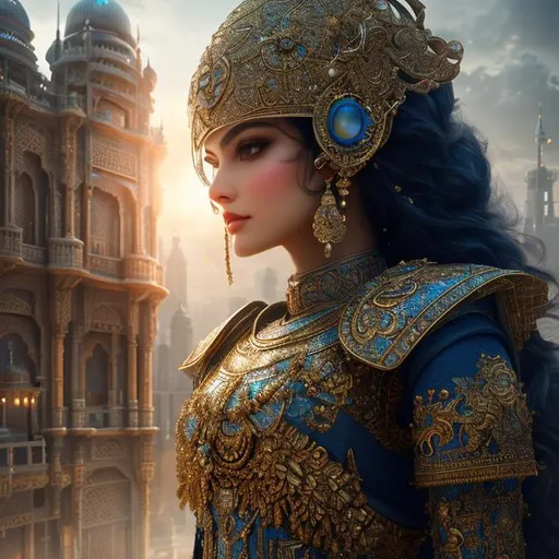 Prompt: create most beautiful photograph of most beautiful fictional, persian, robot, royal,male, blue, white, goden, islamic, futurism, extremely, detailed environment, detailed background, intricate, detailed skin, natural colors , professionally color graded, photorealism, 8k, moody lighting.