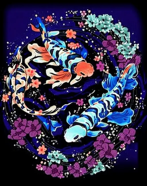 Prompt: Three colorful koi one orange one blue and one stripped orange and blue swim in a coral ribbon with a magenta rose. Japanese art style. Flowing and stylized. 