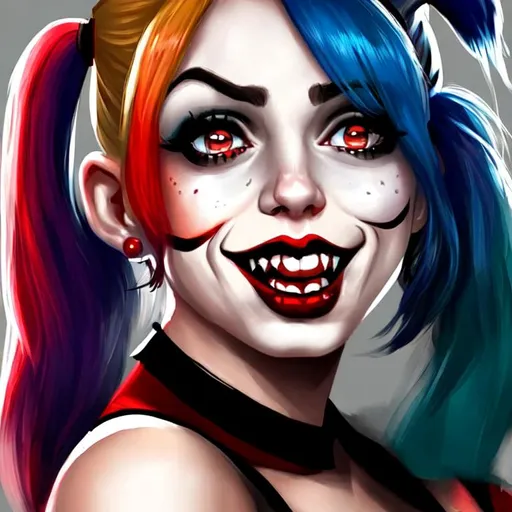Prompt: Beautiful woman Harley Quinn cartoon portrait 