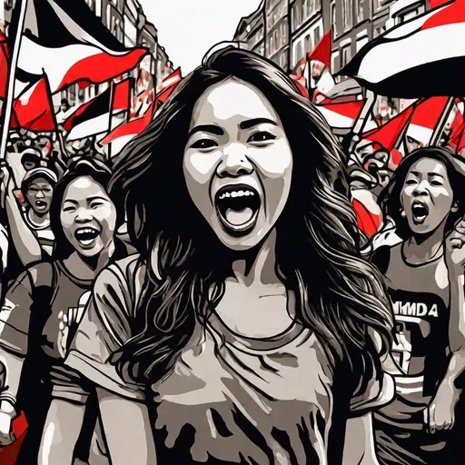 Prompt: street art, dutch angle, pretty young demonstrator, Indonesian woman, 25 year old, (round face, high cheekbones, almond-shaped brown eyes, small delicate nose, long wavy black hair), shouting, energetic and expressive, crowded protest rally, bokeh, red and white flags and banners,  masterpiece, intricate detail