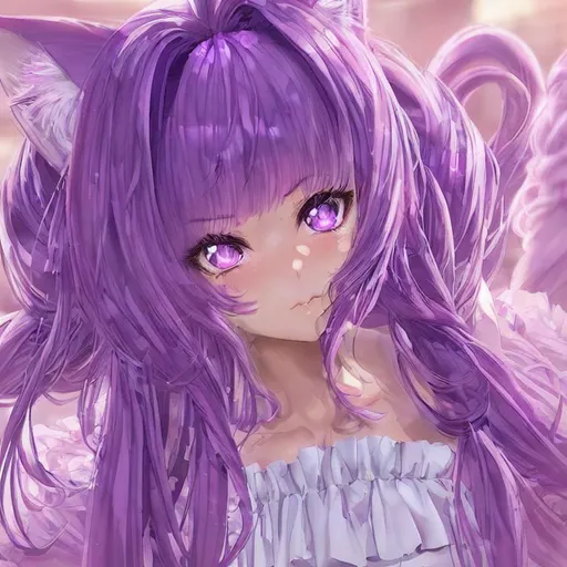 Prompt: closeup face portrait of an anime woman with fluffy cat ears, looking into camera, smooth soft skin, sad eyes, purple hair, symmetrical, anime wide eyes, soft lighting, detailed face, asian vibes, digital art, style of video game