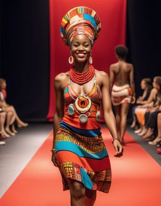 Prompt: a African woman with a bright smile walking down a runway wearing a colorful African dress and cowrie shells necklaces on her head and around her neck and a red background, and bright red rug Chinwe Chukwuogo-Roy, afrofuturism, complementing colors, a picture