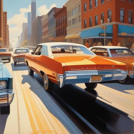 Prompt: 1970s, Chicago, car chase, sunny weather, warm atmosphere, cartoony style, extremely detailed painting by Greg Rutkowski and by Henry Justice Ford and by Steve Henderson